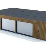 Container 40 pieds assemblés et transformés en garage avec bardage bois à l'extérieur